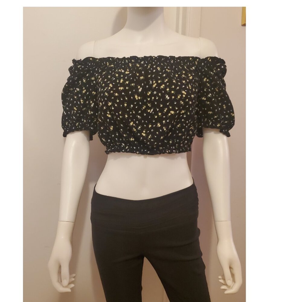 Black Ruffle Trim Top with Floral Print